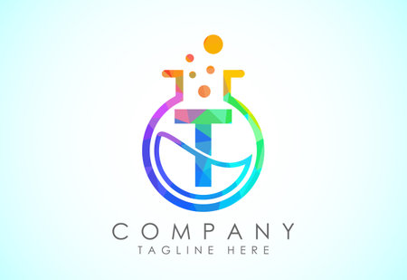 English alphabet T with science lab emblem. Low poly style lab science technology logo designのイラスト素材