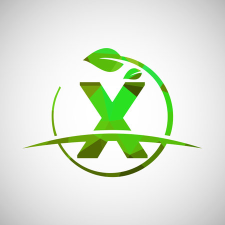 English alphabet X with circle leaf and swoosh. Eco-friendly logo concept. Low poly logo for ecological business and company identityのイラスト素材