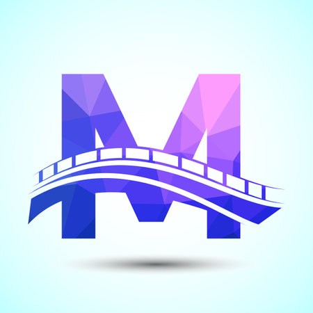 Initial alphabet M with bridge sign. Abstract bridge logo design template. Low poly logo for construction business and company identity.のイラスト素材
