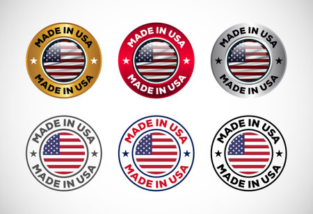 Made in USA label icon with flag. Icon set for business, badge, seal, sticker, logo, and symbolのイラスト素材