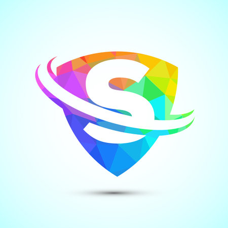 English alphabet S with shield and swoosh. Creative modern logo design low poly styleのイラスト素材