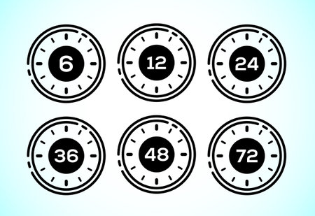 Work time icon design. 6, 12, 24, 36, 48 and 72 hours clock iconsのイラスト素材