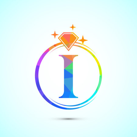Initial alphabet I in a circle with diamond. Diamond ring logo. Jewelry logo design conceptのイラスト素材
