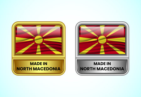 Made in North Macedonia label icon in gold and silver color. Flag icon set for businessのイラスト素材