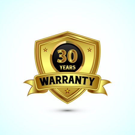 30 years warranty gold color shield badge with ribbonのイラスト素材
