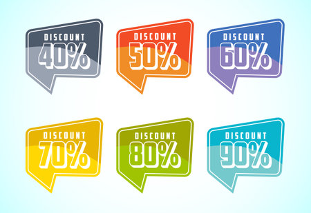 Product discount tag sticker set. Shopping discount label with 40, 50, 60, 70, 80, and 90 percent offのイラスト素材