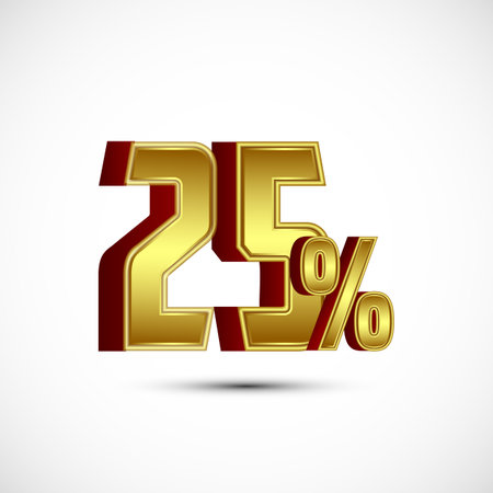 Gold color 25 Percent 3D discount tag sticker, big offer, sale symbol, special offer labelのイラスト素材