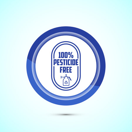 Pesticide free icon design illustration. Certified natural product sticker symbol illustration. Blue color button designのイラスト素材