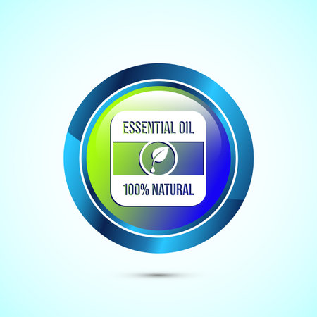Essential oil icon design, 100 percent essential oil icon for product certificate tag, Glossy round button designのイラスト素材