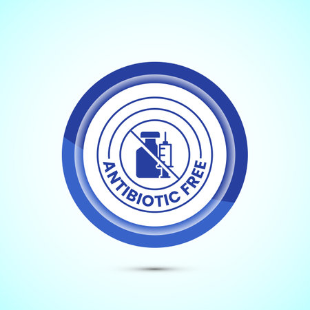Antibiotic free icon design illustration, No antibiotic label. Organic, healthy, natural, Blue color button designのイラスト素材