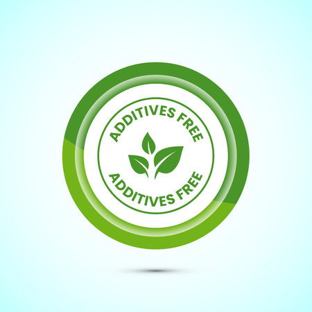 Additives free icon design illustration. No additives symbol for food packaging, Green color button designのイラスト素材