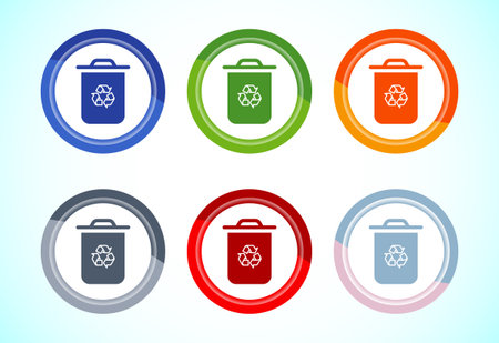 Recycling bin icon design illustration. Environment icon, trash bin sign, 6 color button design setのイラスト素材