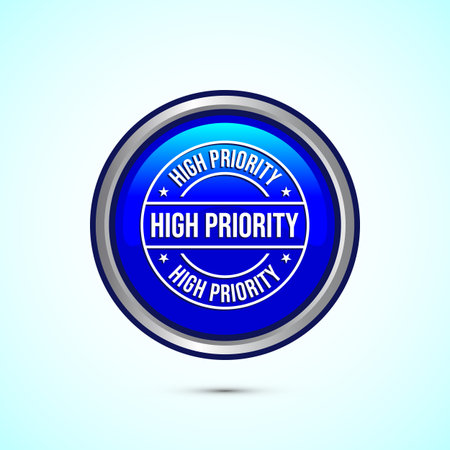High priority icon design illustration. High priority label badge sign symbol, Blue color round button designのイラスト素材