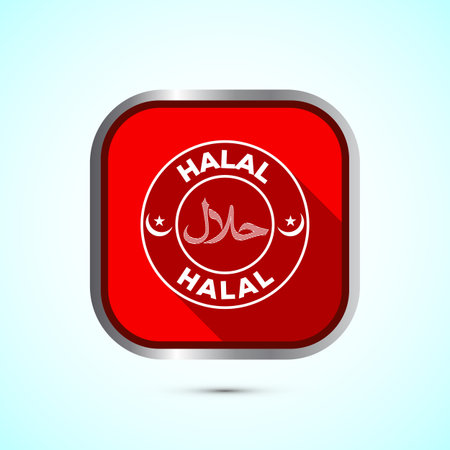 Halal icon design illustration, Halal Certificate tag, Islamic approved sign, Red color shadow button designのイラスト素材