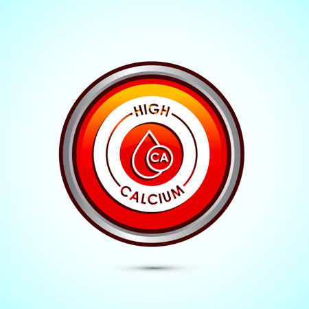 High calcium icon design illustration, High calcium label, logo, sign, symbol, Orange color round button designのイラスト素材