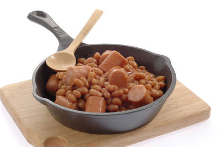 Beans and weiners in a cast iron skillet.の写真素材