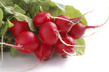 Bunch of red radishes on a white background.