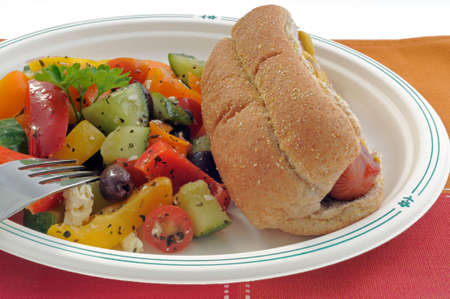 Delicious hotdog served with a fresh vegetable salad.の写真素材