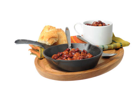 Skillet of delicious and spicy baked beans.の写真素材