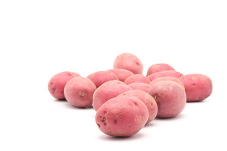 Small red potatoes photographed on a white background with ample copy space.の写真素材
