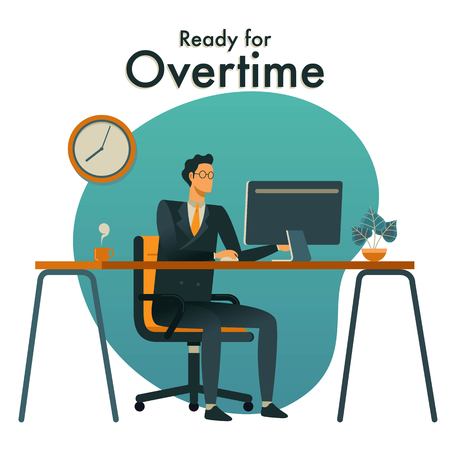 Handsome man is working at his desktop computer. Modern office interior. Business concept for Overtime.のイラスト素材