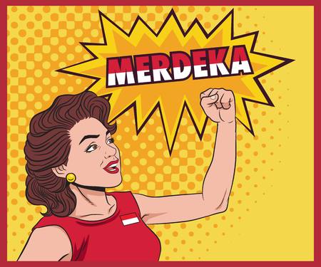 Happy pop art retro woman Clenched his hands and yelled "Merdeka".のイラスト素材