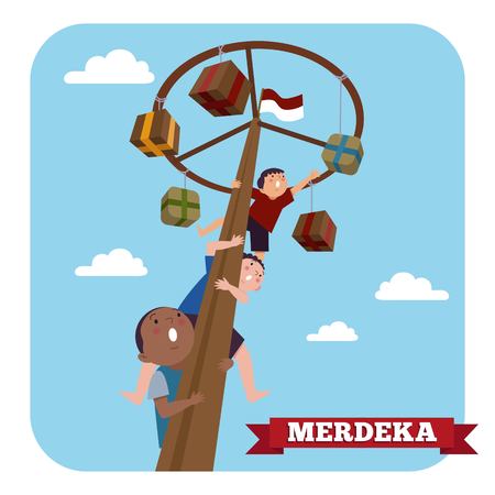 Indonesia traditional special games during Merdeka Day Indonesian Independence Day. Children climbed the areca nut.のイラスト素材
