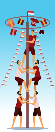 Indonesia traditional special games during independence day, teenager climbed the areca nut. Flat Illustration style.のイラスト素材