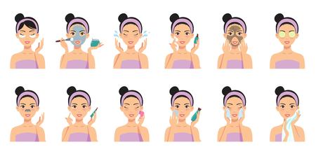 Beautiful girl cleaning and care her face with various actions. Vector illustration set isolated on white background.のイラスト素材
