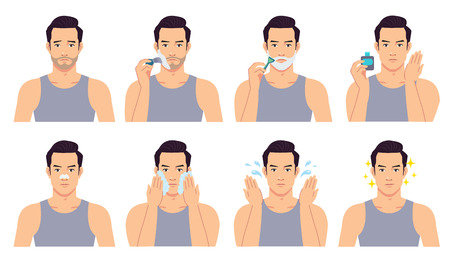 The handsome man shaved, cleansed and treated his face with various actions. Vector illustration set isolated on a white background.のイラスト素材