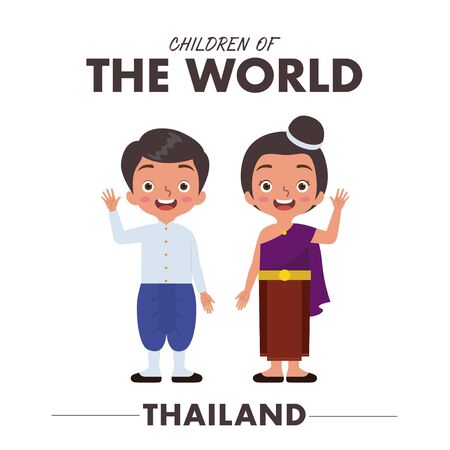 A Thais boy and girl are wearing a traditional clothes or dress from Thailand as they are waving their hands saying helloのイラスト素材