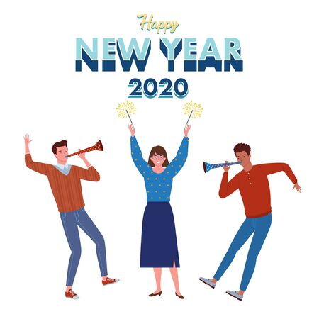 A group of young people took part to enliven the new year 2020 by blowing trumpets and holding fireworksのイラスト素材