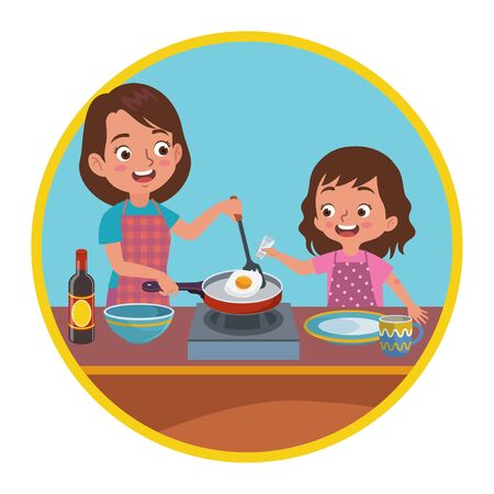 a mother and daughter are cooking together, the child helps her mother cook by pouring some saltのイラスト素材