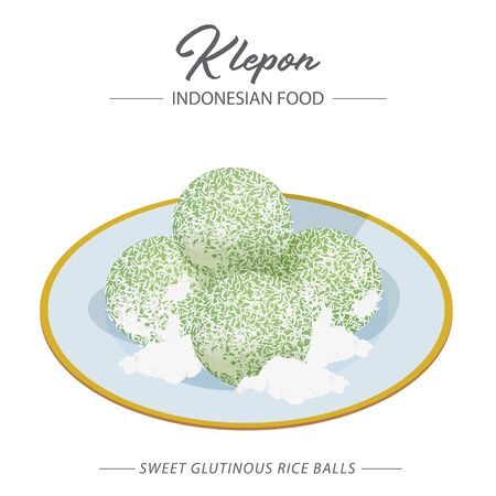 Klepon is a traditional Southeast Asian green-coloured balls of rice cake filled with liquid palm sugar and coated in grated coconut. Can be found in Indonesia, Malaysia, Brunei and Singapore.のイラスト素材