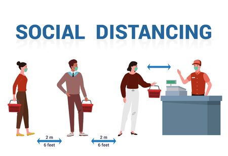 illustration or vector of several people who use masks are queue to shop at supermarkets and do social distancingのイラスト素材