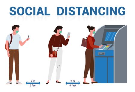 Illustration of physical distance performed by several people who wear a mask while queuing and transacting using automatic teller machines.のイラスト素材
