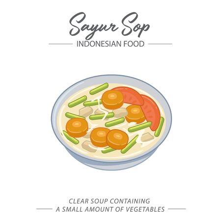 Vegetable soup that mostly eat in Indonesia is a clear soup that contains meat like chicken and beef, and various types of vegetables like carrot, tomato and long beans.のイラスト素材