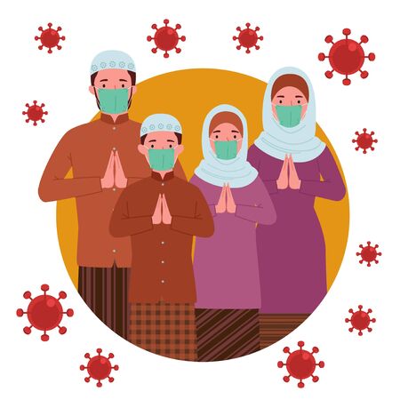a group of Muslim families consisting of parents and their children wearing masks and putting their hands in front of their chest.のイラスト素材