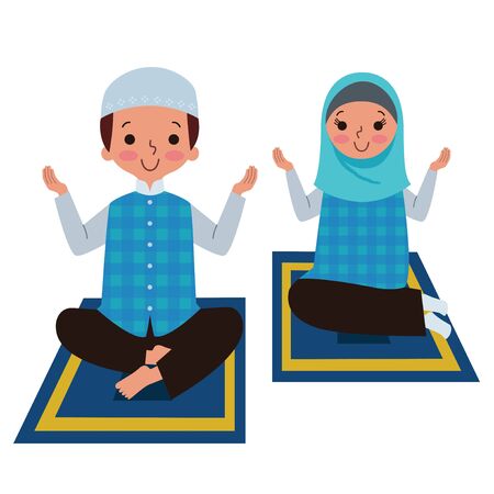 A muslim boy and girl praying together on a prayer rugのイラスト素材