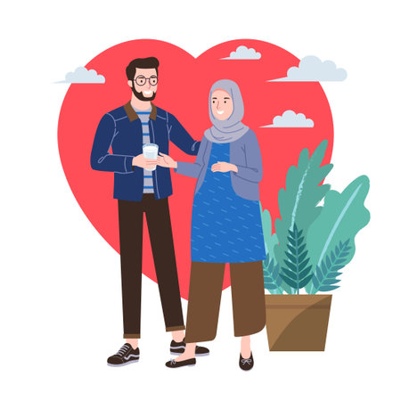 Pregnant female using hijab smiling and receiving a glass of milk from her husband with heart and plants background.のイラスト素材