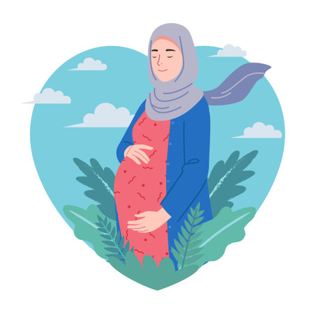 Pregnant female using hijab closed her eyes and smiling peacefully with heart and plants backgroundのイラスト素材
