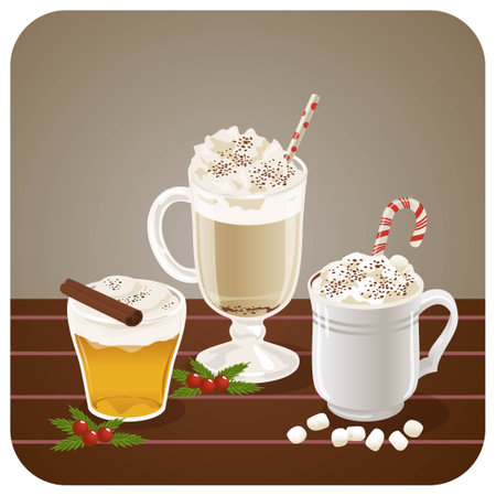 A collection of hot drinks that are often drunk in winter, such as apple cider, hot chocolate with marshmallow or hot coffee, decorated with mistle toe and candy cane.のイラスト素材