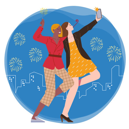 two young women party together while taking selfies and holding fireworks against the backdrop of fireworks and the city at nightのイラスト素材