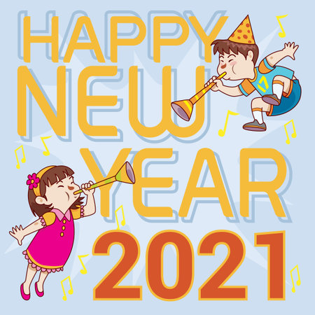 a pair of girl and boy celebrate the new year together by blowing trumpetsのイラスト素材