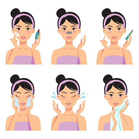 Beautiful girl cleaning and care her face with various actions, facial, treatment, beauty, healthy, hygiene, lifestyle, female vector illustration set isolated on white background.のイラスト素材