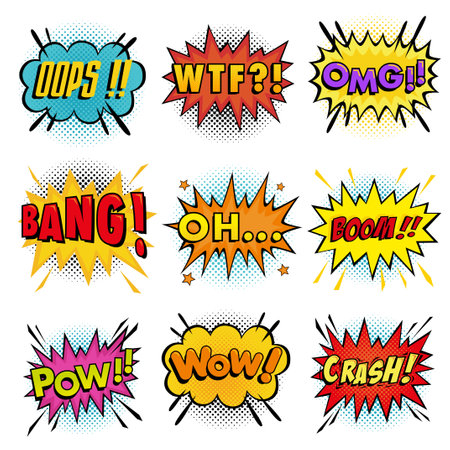 Collection of Sound effects wording comic speech bubble in pop art style and half tone backgroundのイラスト素材