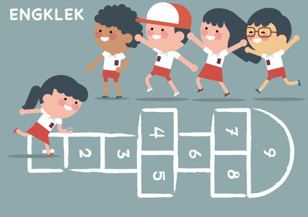 Indonesian elementary school student with red white uniform playing engklek, the Indonesian children traditional game. Children vector illustrationのイラスト素材