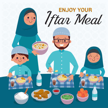 Muslim Family blessing Ramadan Kareem. Enjoy your Iftar Meal. The evening meal eaten by muslims after the sun has gone down during Ramadan.のイラスト素材