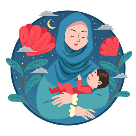illustration of a Muslim woman holding her baby with a flower background and the night skyのイラスト素材