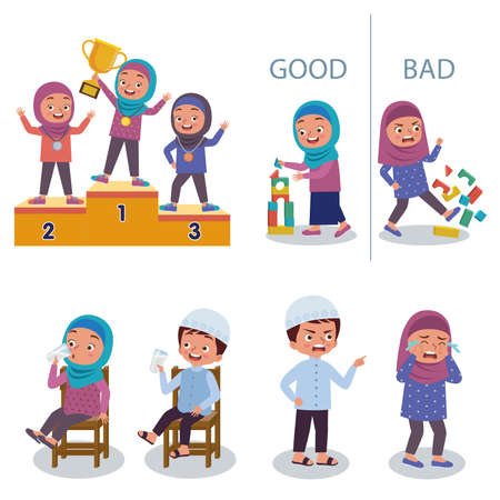 Set of illustration of moslem kids activity, like drinking a water, winning a competition.のイラスト素材
